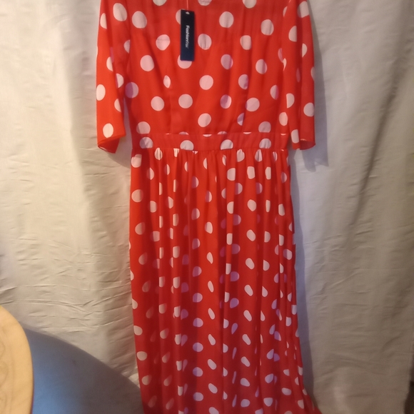 Ladies Empire Red Polkadot Maxi Dress - Picture 2 of 5